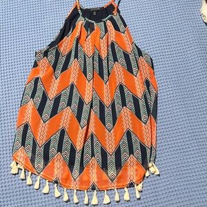 Orange and Navy Geometric Women's Top with tassels